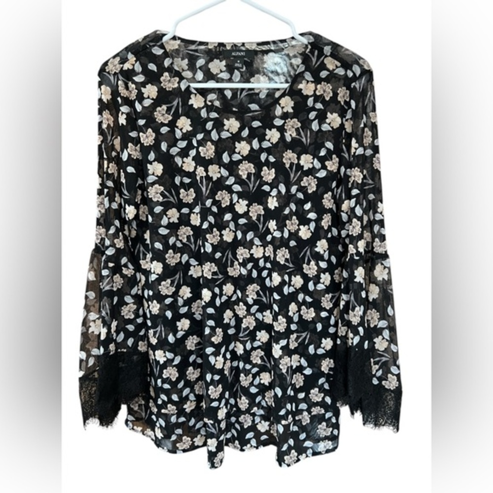 Alfani Black and Cream Floral Lace Blouse